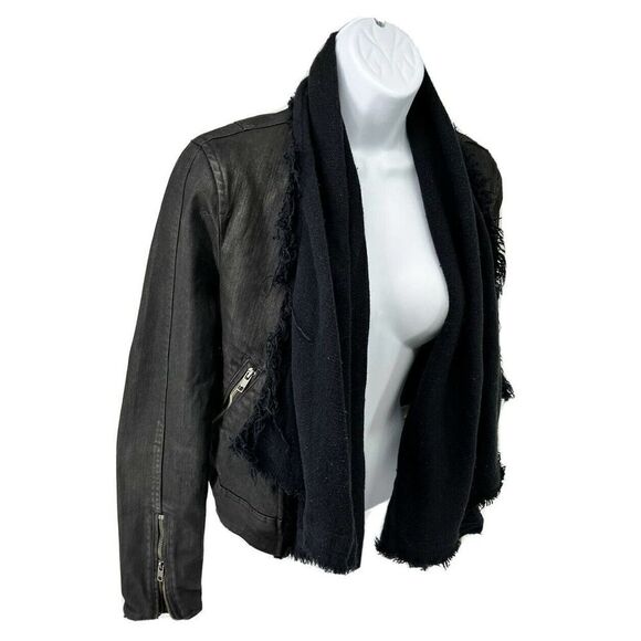 Free People Black Moto Jacket Coat Size 2 Front Drape Coated Denim Jean - Picture 13 of 15